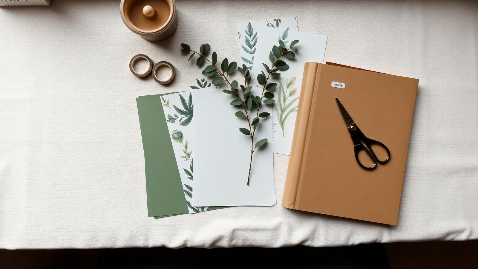 A craft table with botanical papers, washi tape, dried eucalyptus and a kraft album